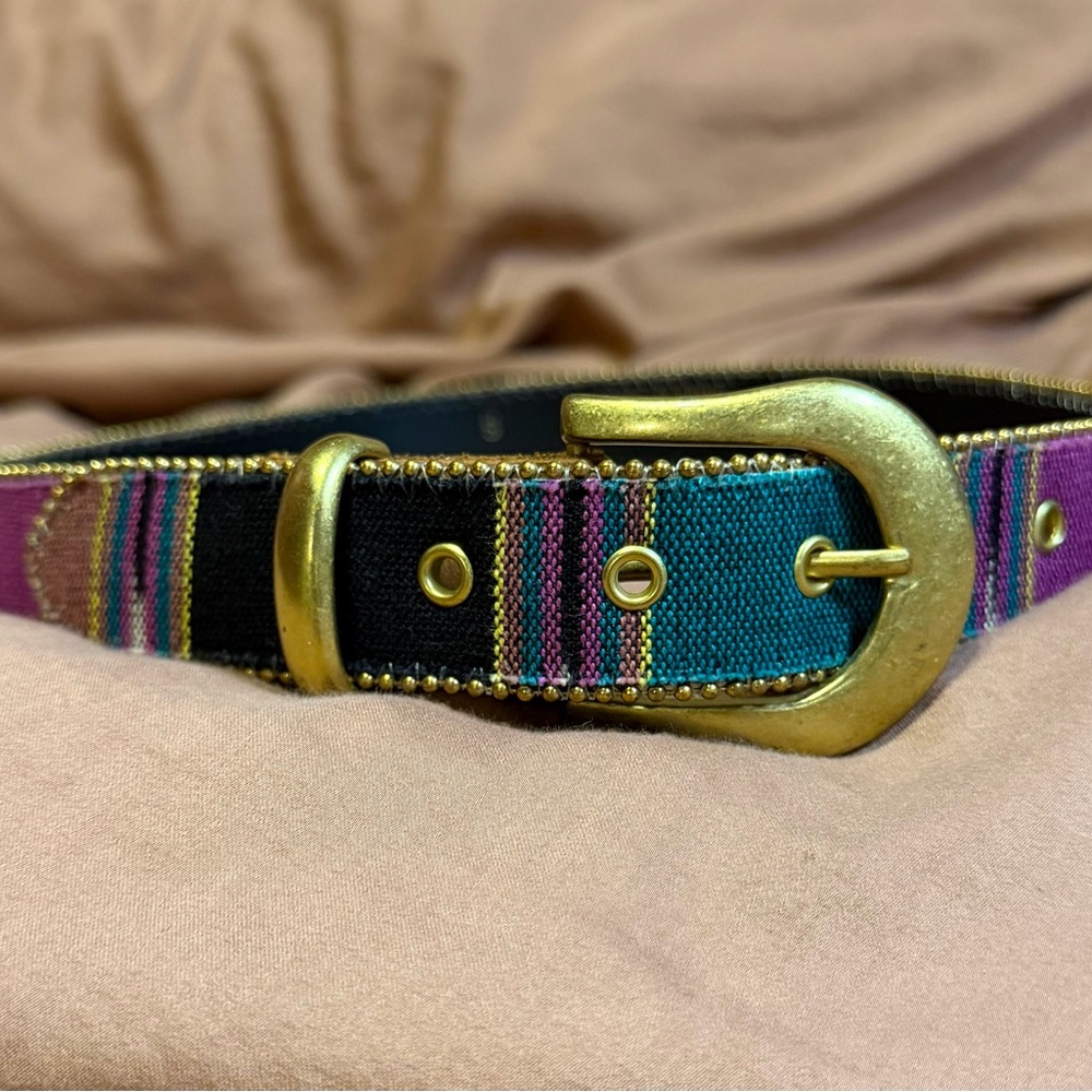 Vintage Elite of Fresno Southwestern tapestry woven belt gold buckle‎ 90’s